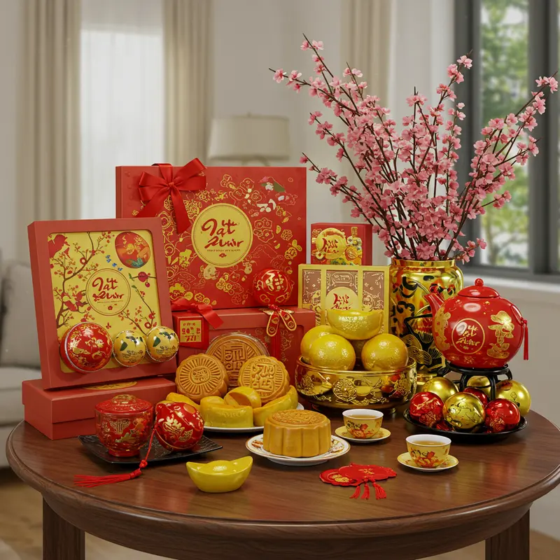 Một bộ quà Tết sang trọng với bánh trung thu và trà tinh tế được trưng bày trong văn phòng hiện đại của ngành tài chính, ngân hàng.