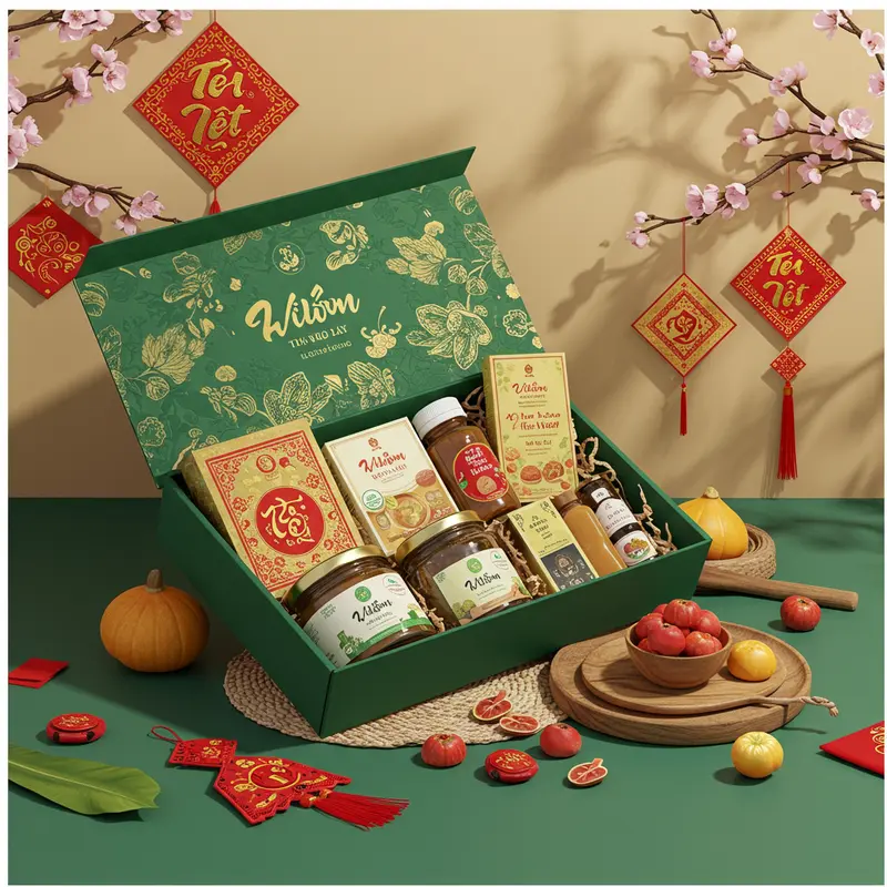 Ảnh hộp quà Tết cao cấp mở ra, bên trong là các sản phẩm hữu cơ, ánh sáng tự nhiên và trang trí Tết rực rỡ.