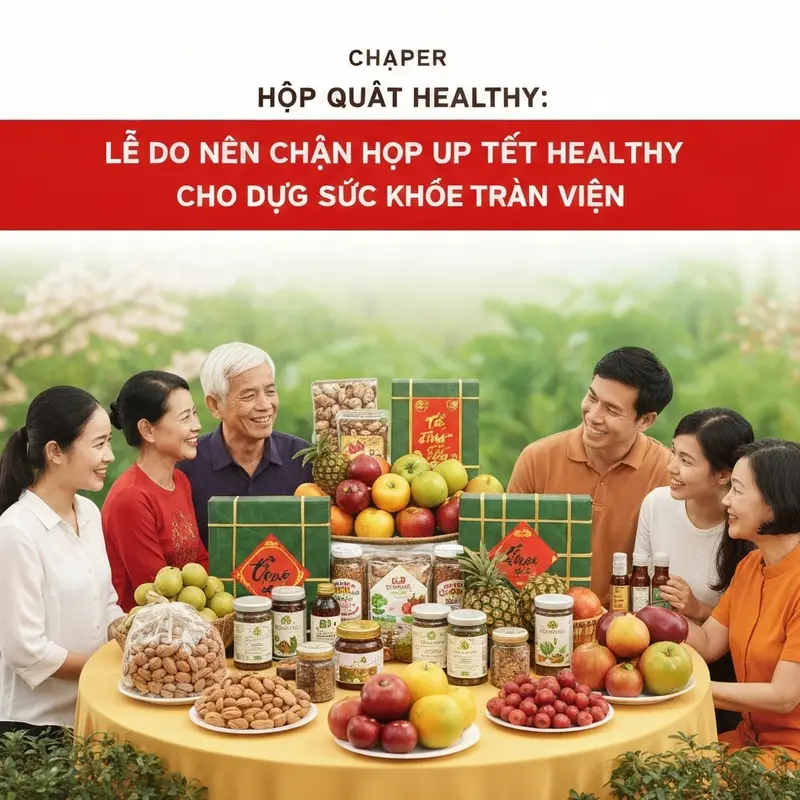 Hộp quà Tết healthy với các sản phẩm dinh dưỡng, tự nhiên.