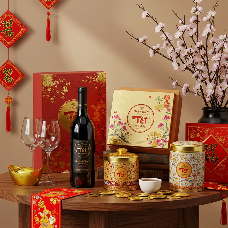 Bộ quà Tết sang trọng với rượu vang, yến sào và trà thượng hạng tôn vinh giá trị đối tác.