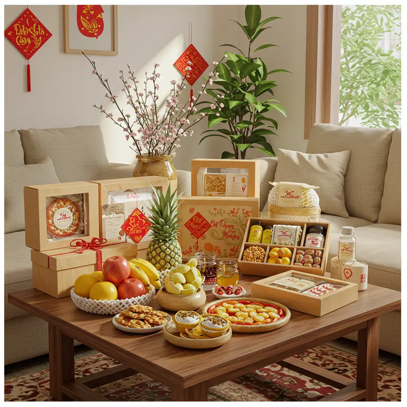 Không gian Tết ấm cúng với hộp quà hữu cơ tự làm chứa đầy trái cây, bánh kẹo và vật liệu tự nhiên.