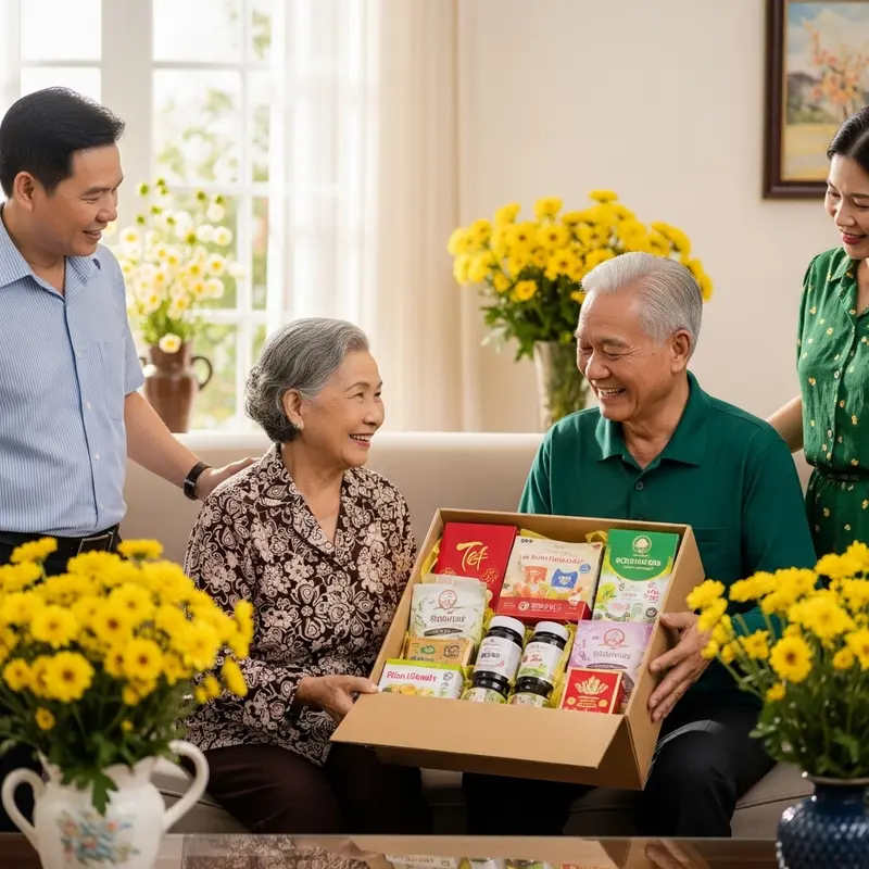 Bố mẹ hạnh phúc khi nhận hộp quà Tết sức khỏe từ con cháu.