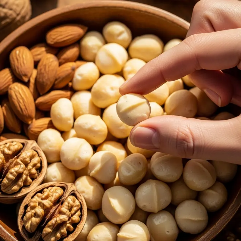 Chùm quả macca tươi trên cành, biểu tượng cho nguồn gốc và sức sống tràn đầy.