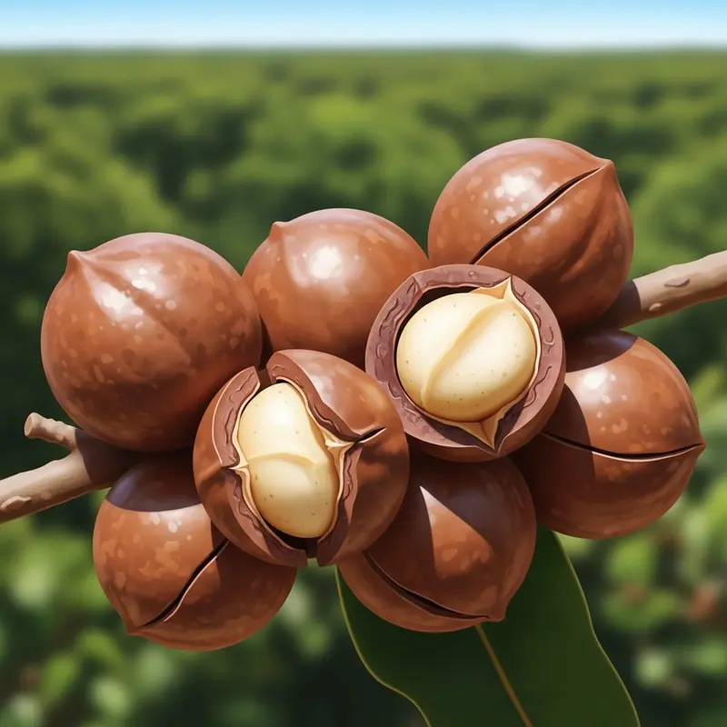 Chùm quả macca tươi trên cành, biểu tượng cho nguồn gốc và sức sống tràn đầy.