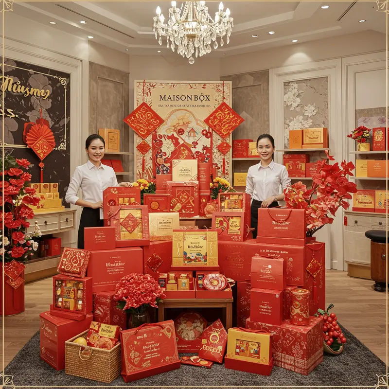 Hộp quà Tết doanh nghiệp cá nhân hóa với logo và thông điệp thiết kế riêng.