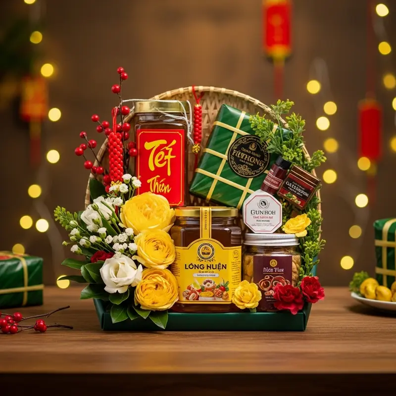 Giỏ quà Tết gồm lọ mật ong nguyên chất, hoa tươi và các sản phẩm truyền thống Việt Nam.