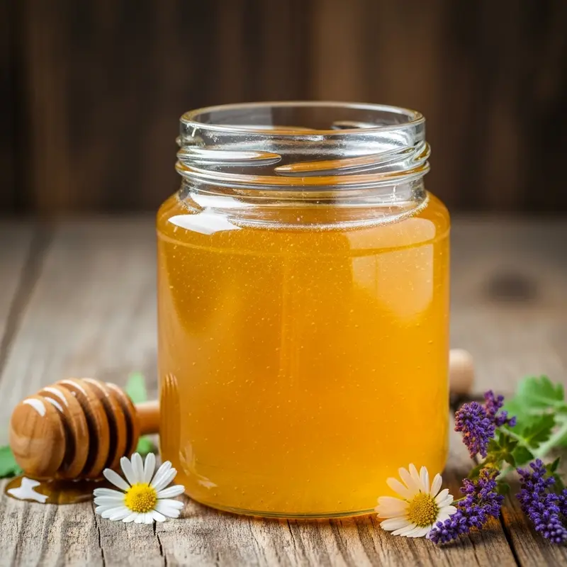 Lọ mật ong nguyên chất màu vàng óng đặt trên bàn gỗ cùng cành hoa dại và que khuấy mật.