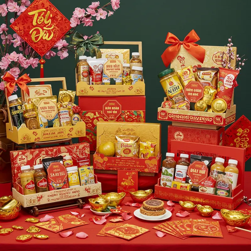 Các hộp quà Tết thiết kế tinh tế, chú trọng yếu tố thẩm mỹ và thông điệp doanh nghiệp.