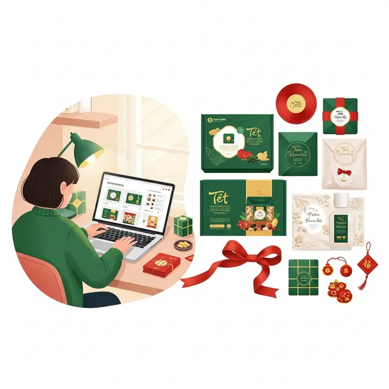 Bàn trưng bày các hộp quà Tết healthy với nhiều sản phẩm tự nhiên.