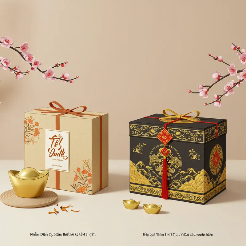 Hộp quà Tết tối giản tinh tế đặt trên bàn làm việc hiện đại của doanh nghiệp.
