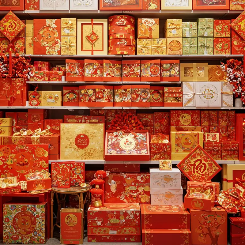 Hộp quà Tết truyền thống bên cạnh bánh mứt, hoa đào và phong bao lì xì.