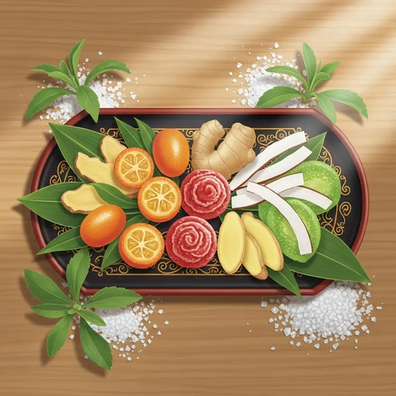 Mứt Tết bày biện cùng stevia và erythritol thể hiện sự hài hòa giữa truyền thống và hiện đại.