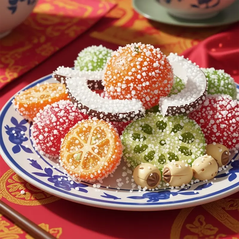 Mứt Tết truyền thống phủ đường tinh luyện trên bàn tiệc ngày xuân.