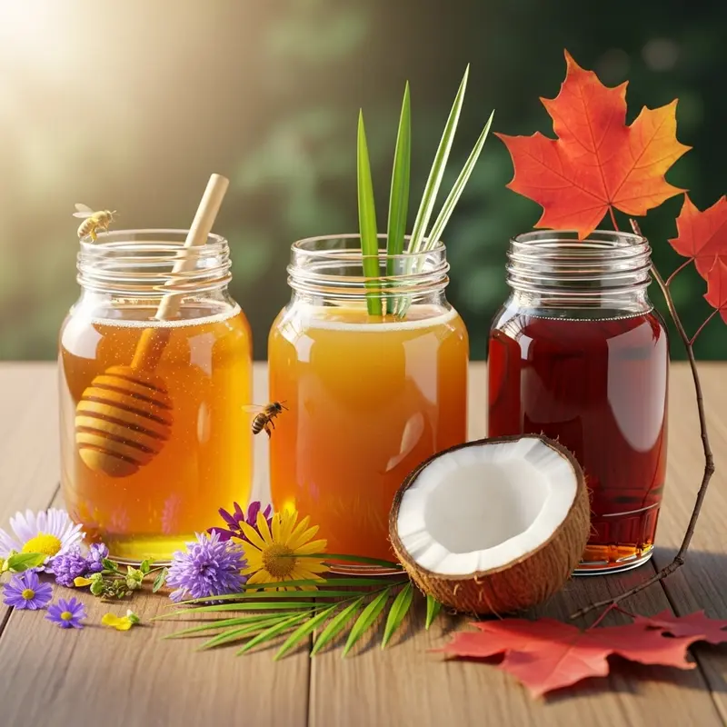 Mật ong, mật hoa dừa và siro cây phong bên cạnh hoa, dừa và lá phong, ánh nắng nhẹ nhàng.