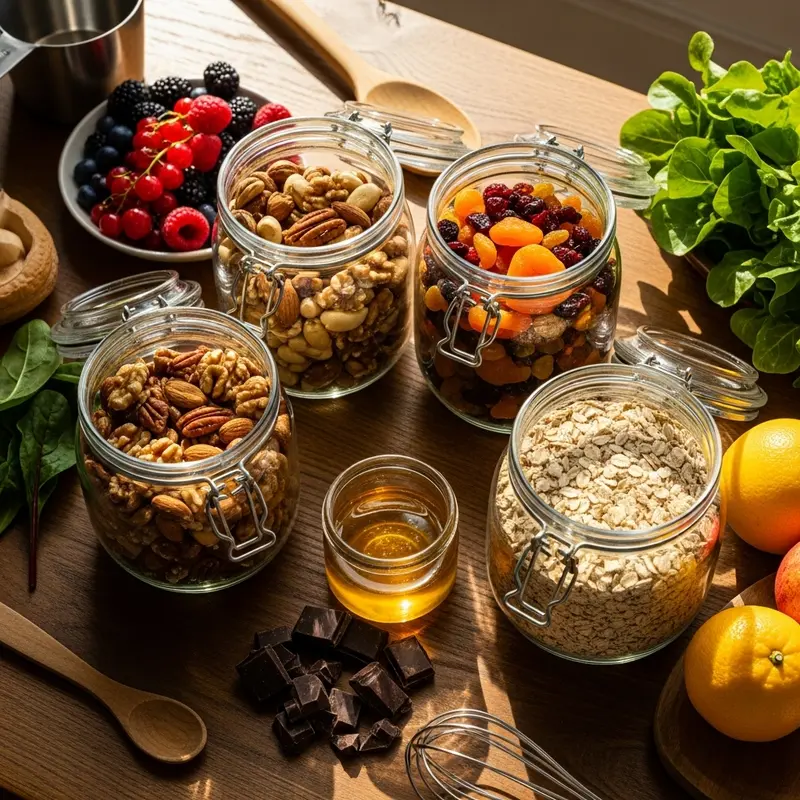 Mâm bánh kẹo healthy đa sắc vị, kết hợp hạt, trái cây sấy, bánh yến mạch cho ngày Tết.