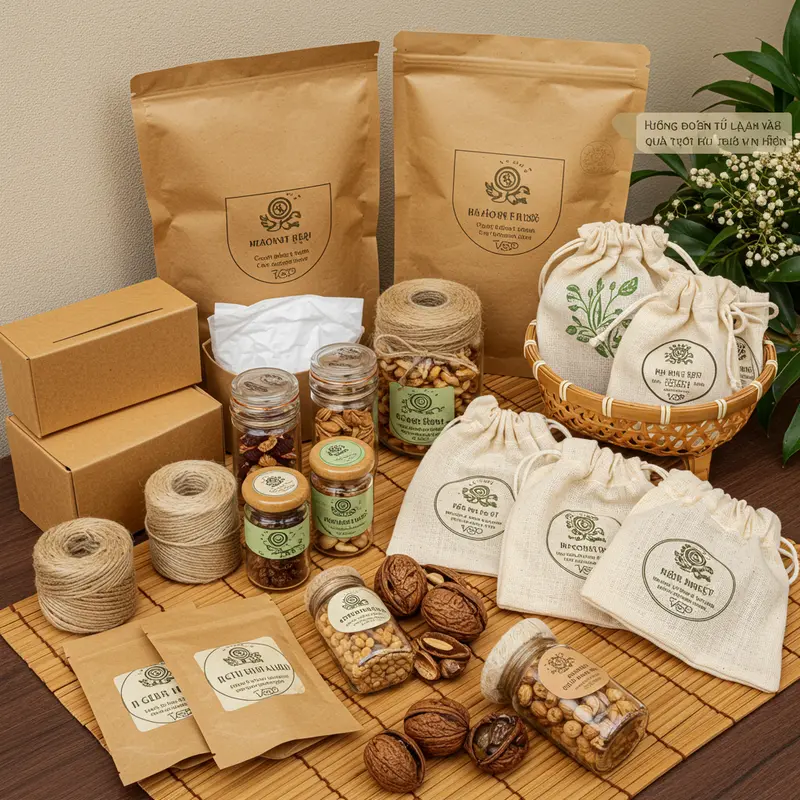 Không gian Tết ấm cúng với hộp quà hữu cơ tự làm chứa đầy trái cây, bánh kẹo và vật liệu tự nhiên.