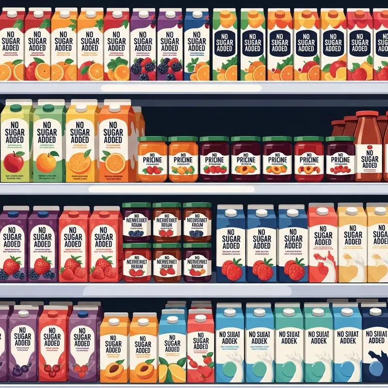 Kệ siêu thị với nhiều sản phẩm ‘Không thêm đường’ từ nước ép, mứt đến sữa.