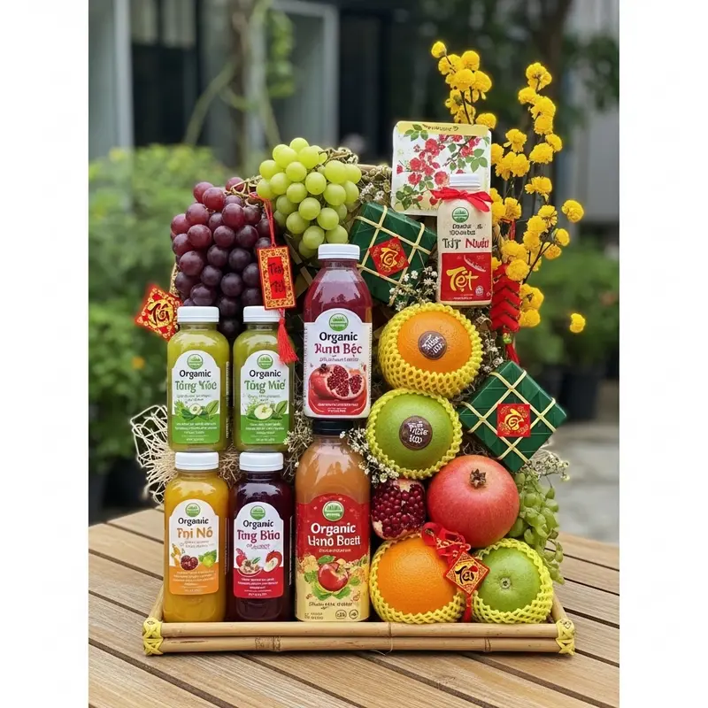 Hộp quà Tết với rượu vang không cồn sang trọng và hoa đào.