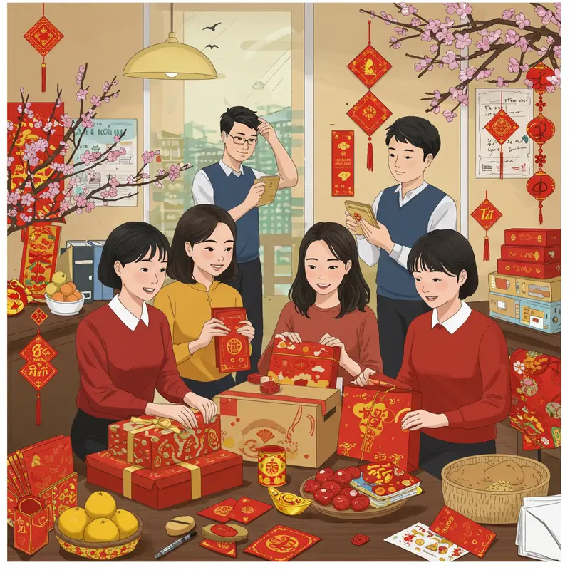 Nhân viên đang đóng gói và trang trí hộp quà Tết tại văn phòng.