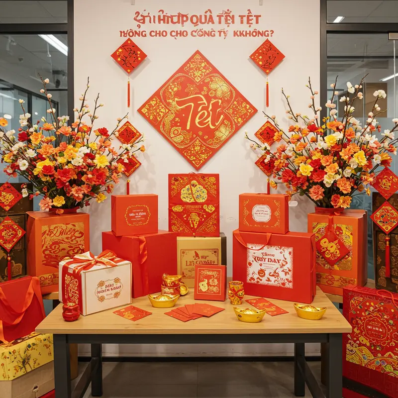 Bàn trưng bày hộp quà Tết tự làm và chuyên nghiệp trong văn phòng trang trí rực rỡ, đầy không khí Tết.