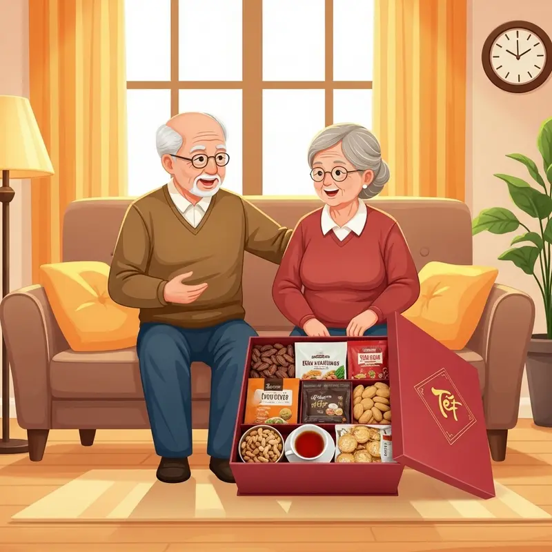 Ông bà vui vẻ bên hộp quà Tết giàu dưỡng chất, tốt cho sức khỏe.