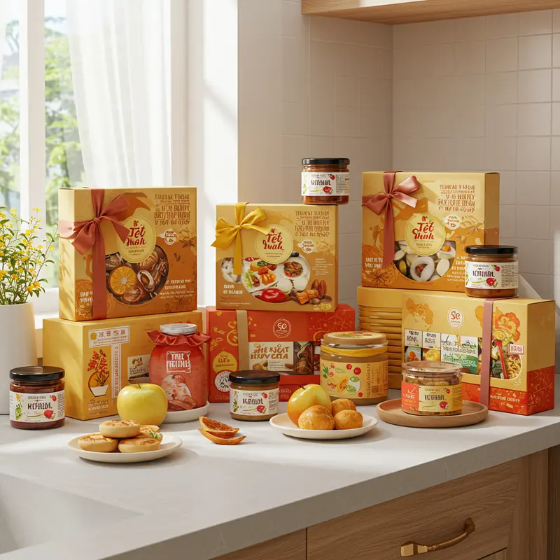 Hộp quà Tết hữu cơ cao cấp sắp xếp trên bàn gỗ, nổi bật với thực phẩm sạch và các loại trà hữu cơ.