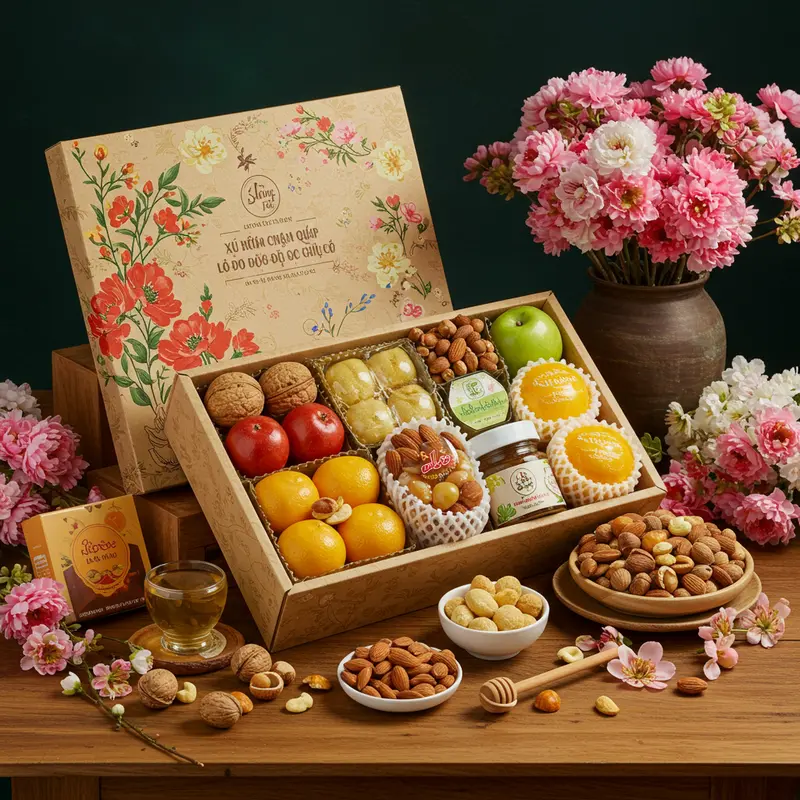 Hộp quà Tết hữu cơ đa dạng sản phẩm chăm sóc sức khỏe, được trình bày tinh tế.