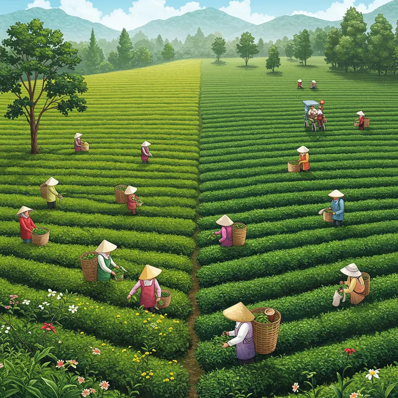 Hình ảnh thể hiện sự đối lập giữa vườn trà hữu cơ và vườn trà truyền thống.