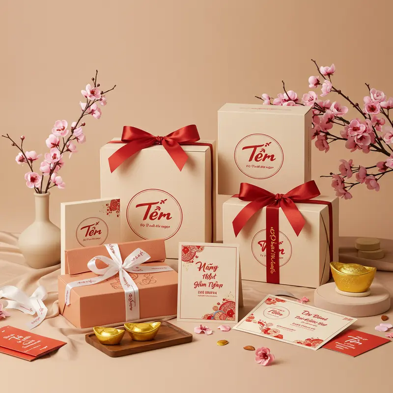 Hộp quà Tết tối giản tinh tế đặt trên bàn làm việc hiện đại của doanh nghiệp.