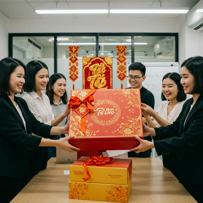 Nhân viên trao nhau hộp quà Tết doanh nghiệp được thiết kế riêng, in logo sắc nét.