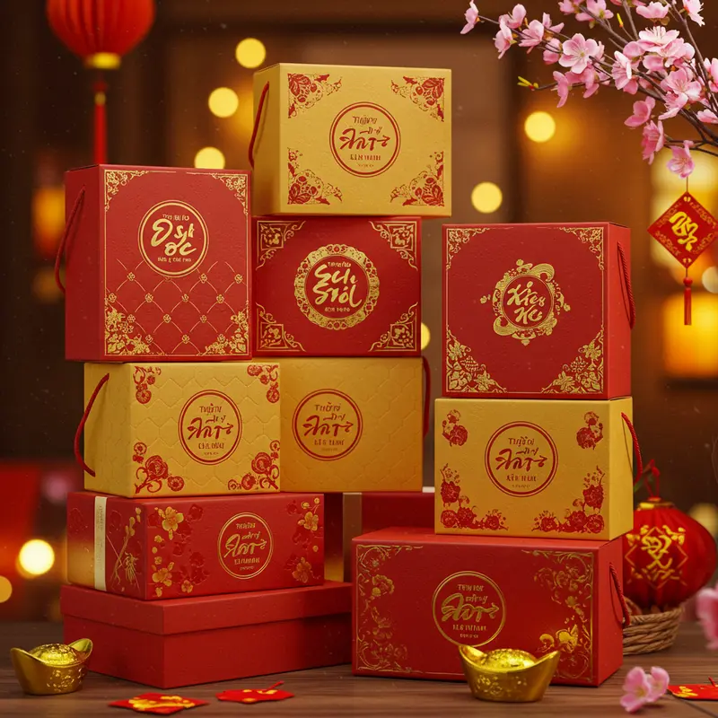 Những hộp quà Tết cao cấp xếp chồng, mỗi hộp đều có logo in nổi nổi bật, trang trí hoa mai rực rỡ.