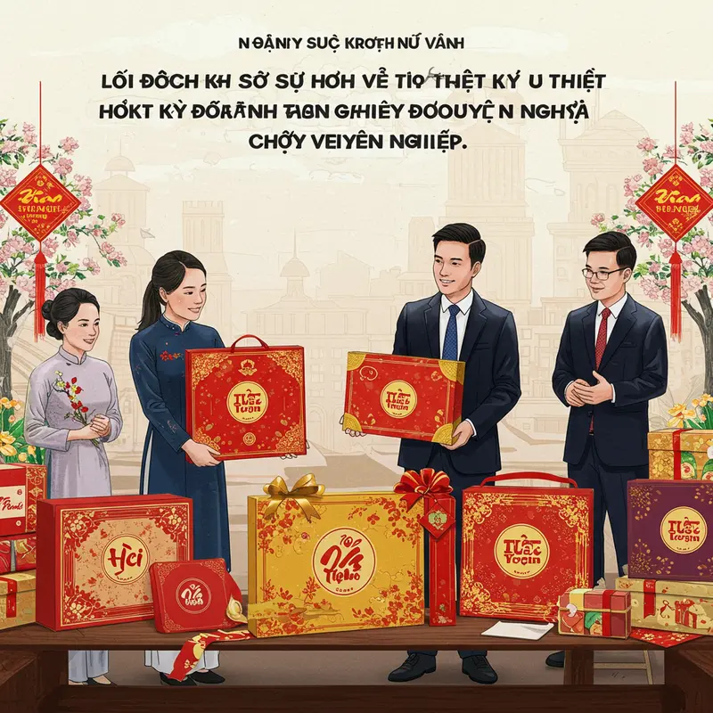 Nhân viên trao nhau hộp quà Tết doanh nghiệp được thiết kế riêng, in logo sắc nét.