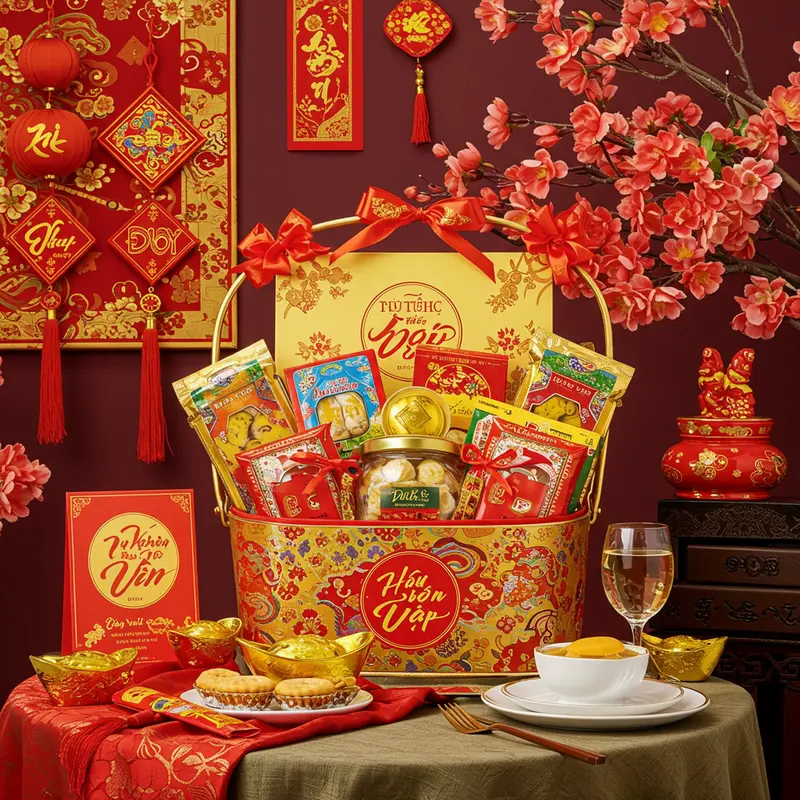 Giỏ quà Tết cao cấp với sắc đỏ, vàng rực rỡ, bày trên bàn sang trọng trong không khí lễ hội truyền thống.