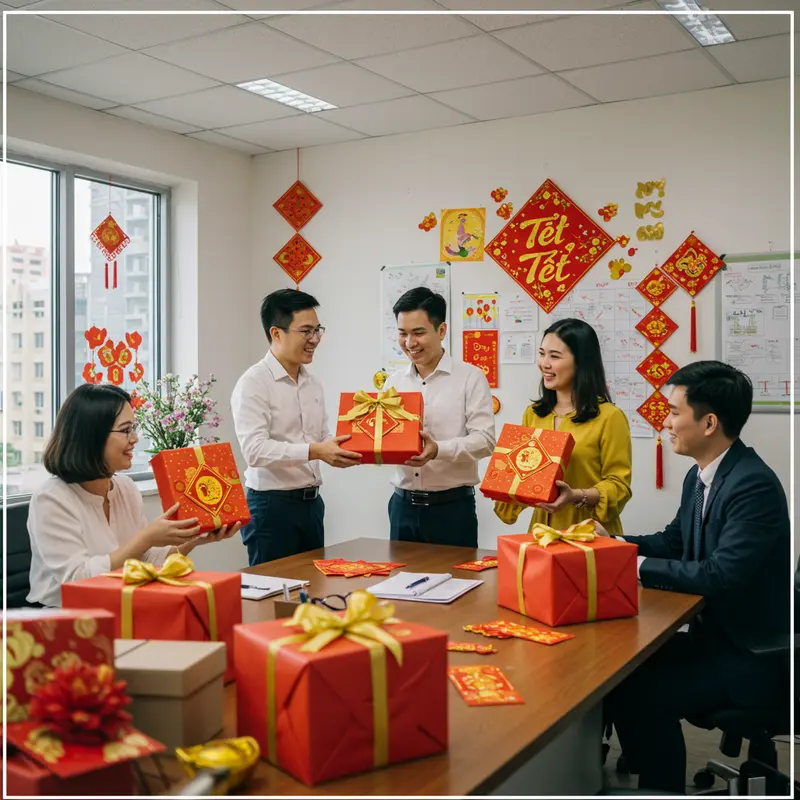 Không khí công sở ấm áp ngày Tết với những hộp quà sang trọng.