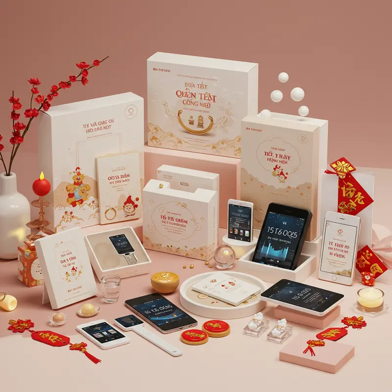 Bộ quà Tết tối giản, hiện đại với phụ kiện công nghệ và trang trí lễ hội.