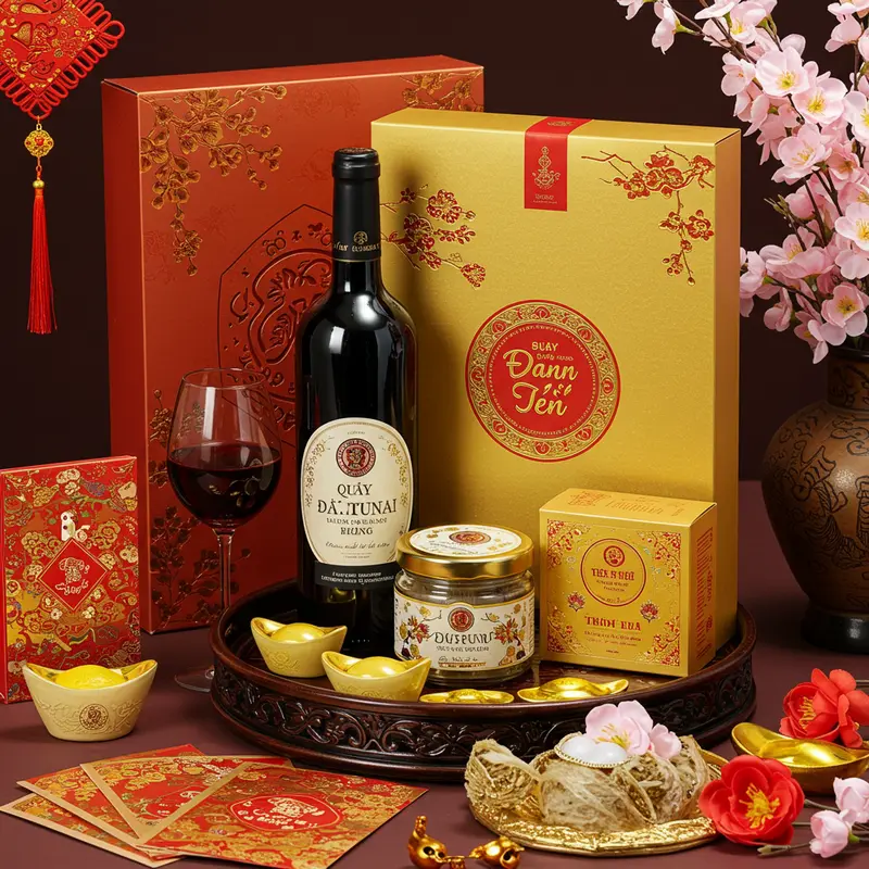 Cận cảnh hộp quà Tết cao cấp gồm rượu vang, yến sào, trà thượng hạng trên khay truyền thống, không có chữ.