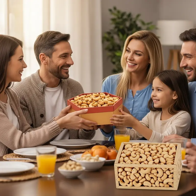 Hộp quà Tết truyền thống với hạt điều vàng óng và hoa mai trang trí.