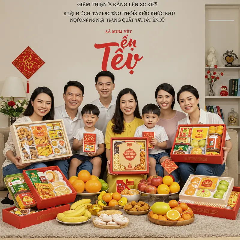 Hộp quà Tết hữu cơ với trái cây khô, trà thảo mộc và thực phẩm tươi an toàn.