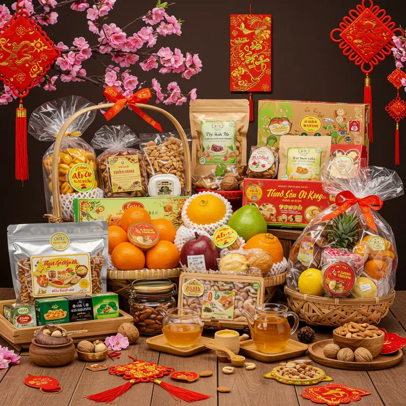 Giỏ quà Tết hữu cơ gồm hạt, trái cây, trà và đồ ăn nhẹ lành mạnh, trang trí cùng hoa đào và vật phẩm ngày Tết.