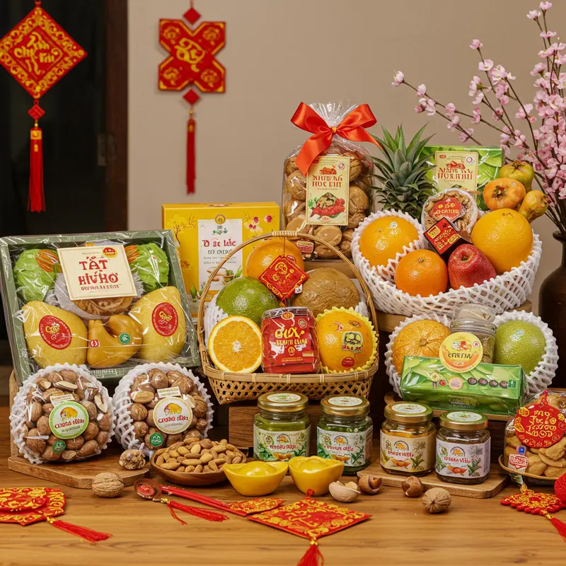 Giỏ quà Tết hữu cơ bày trí sang trọng với các sản phẩm tự nhiên, giàu dinh dưỡng.