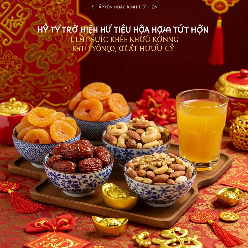 Hộp quà Tết hữu cơ với trái cây khô, trà thảo mộc và thực phẩm tươi an toàn.