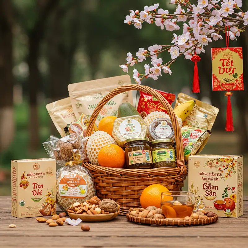 Giỏ quà Tết hữu cơ với trái cây, trà, mật ong, hạt, đóng gói thân thiện môi trường bên hoa xuân.