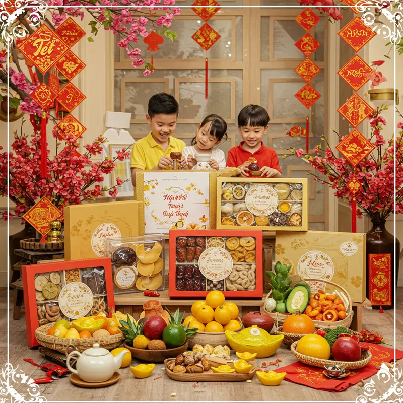 Hộp quà Tết hữu cơ gồm trái cây, trà thảo mộc, thực phẩm sạch; gia đình quây quần, phòng khách sáng rực rỡ với hoa Tết.