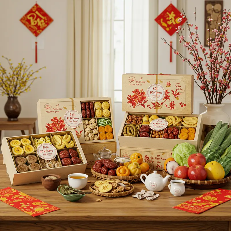 Hộp quà Tết hữu cơ với trái cây khô, trà thảo mộc và thực phẩm tươi an toàn.