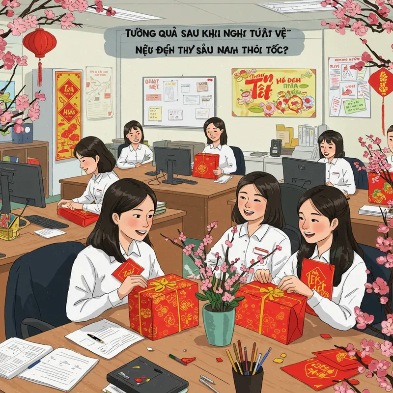 Nhân viên nhận quà Tết trong văn phòng trang trí rực rỡ không khí xuân.