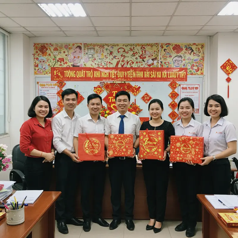 Nhân viên nhận quà Tết trong văn phòng trang trí rực rỡ không khí xuân.