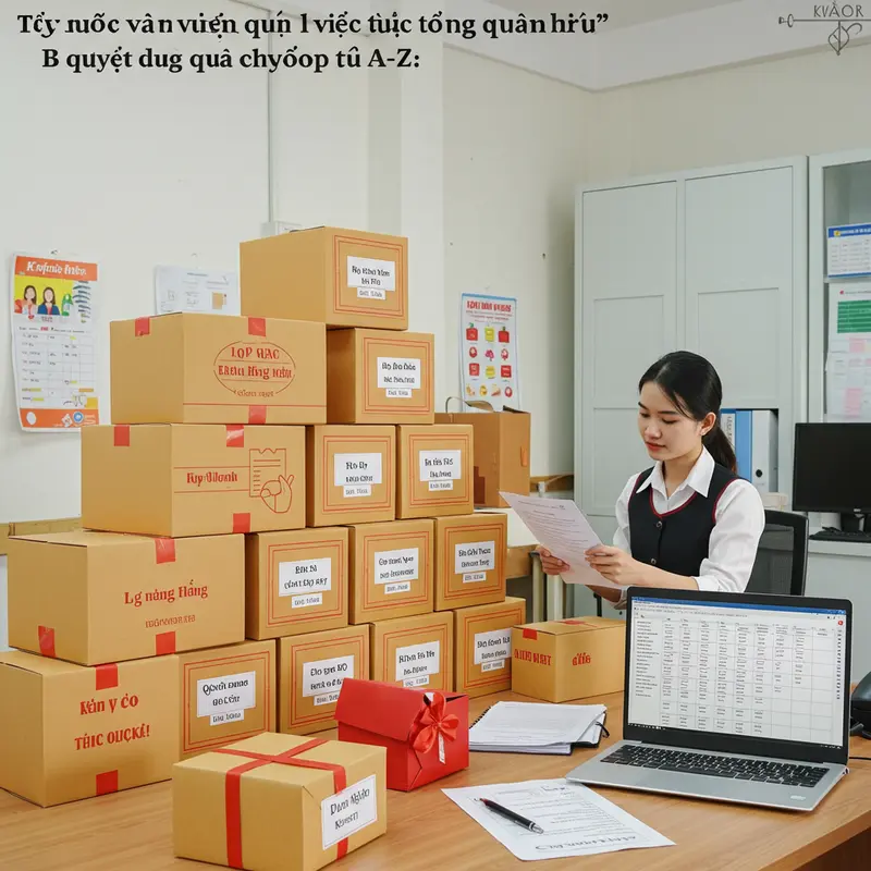 Hộp quà Tết sang trọng, kết hợp hoa đào và phụ kiện truyền thống ngày Tết.