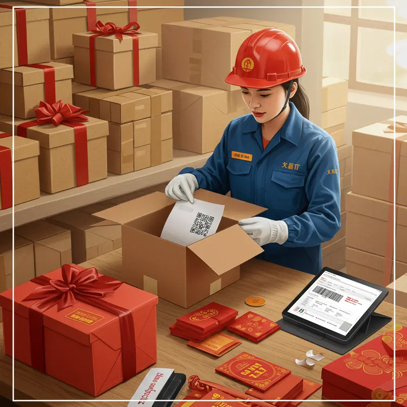 Nhân viên giao hàng xử lý quà Tết doanh nghiệp an toàn, chuyên nghiệp với không gian văn phòng hiện đại, không khí lễ hội.