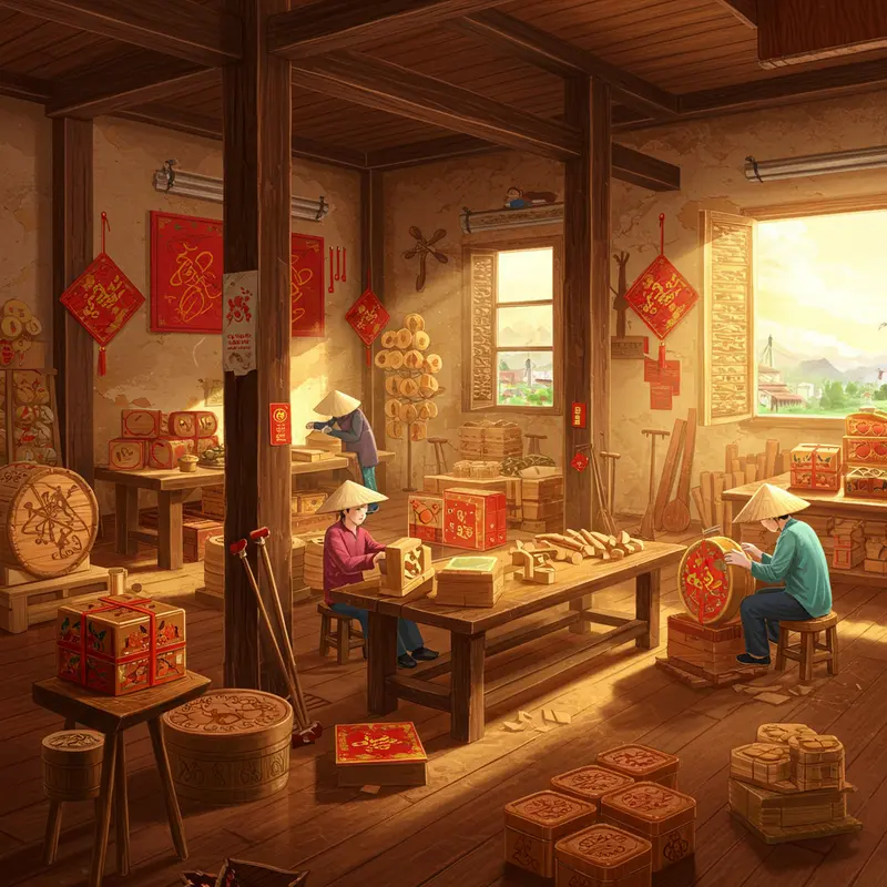 Hộp quà Tết bằng gỗ sang trọng, nổi bật trên bàn tiệc ngày Tết Việt.