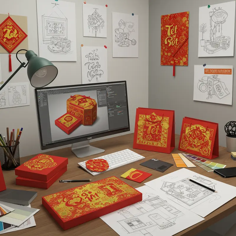 Hộp quà Tết doanh nghiệp cá nhân hóa với logo và thông điệp thiết kế riêng.